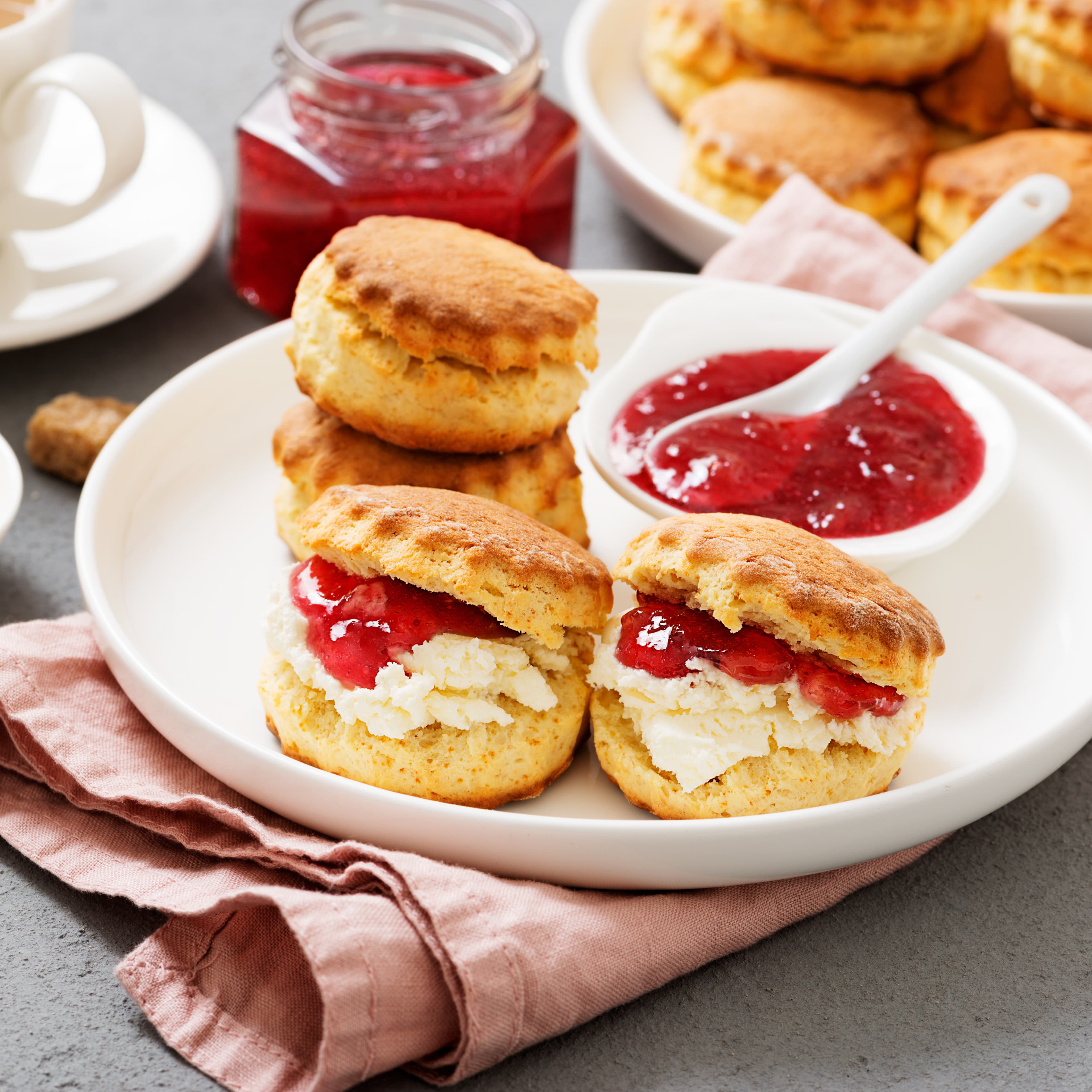 Jam and cream filled scones. A traditional British classic lunch time snack.