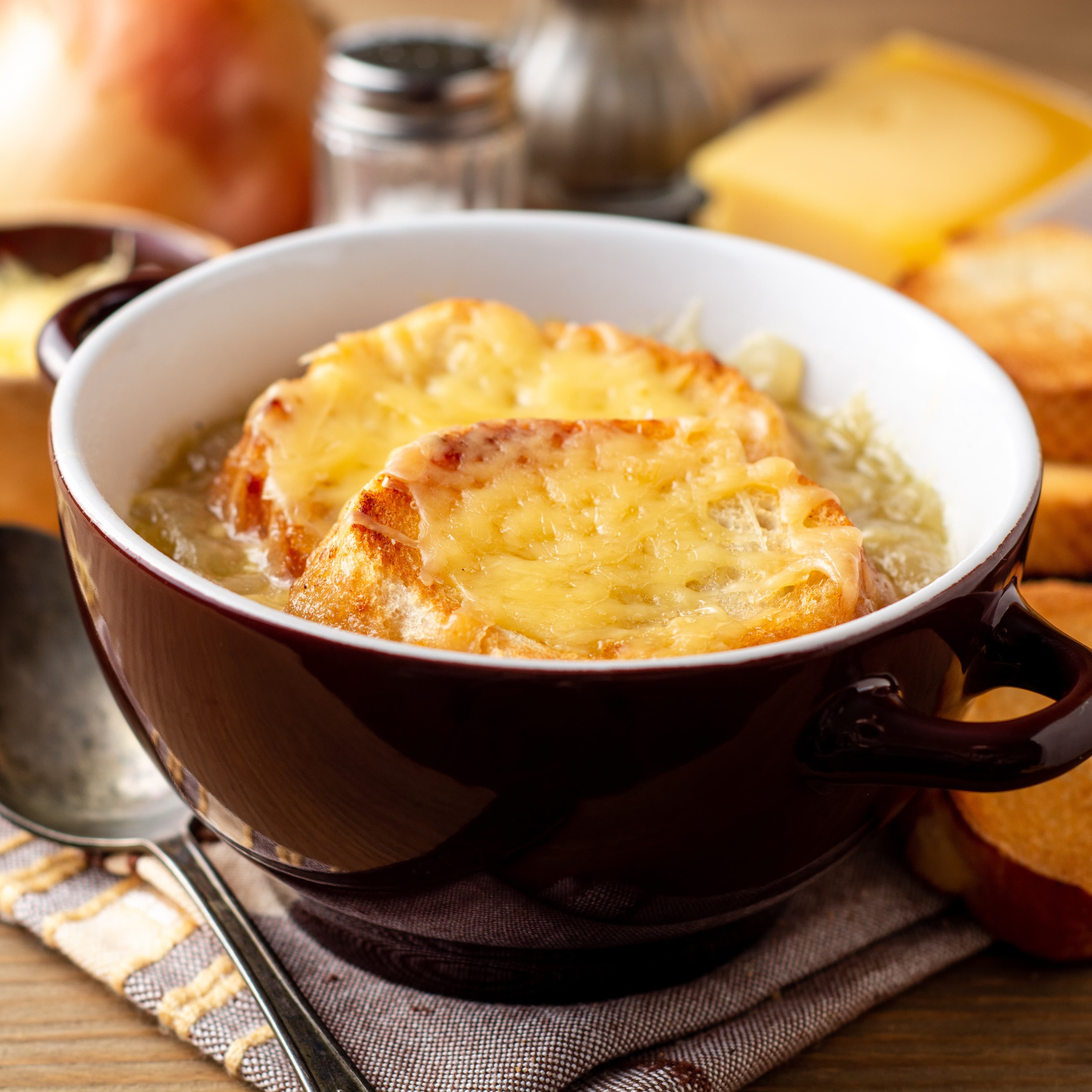 French onion soup with croutons and melted cheese